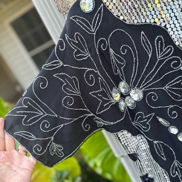 Vintage 80s Sequin Silk Top Black Silver Beaded Party Blouse S - Picture 4 of 10